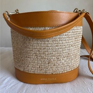 Anna Paola Tan & Natural Woven Crossbody Bucket Bag